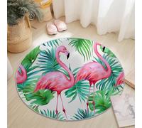 Small Round Area Rugs for Living Room 90 cm Tropical Plants Flamingo Palm Leaves Theme Soft Circle Carpet Rug Non Slip Machine Washable Bedside Floor Rug for Bedroom Kitchen Home Decor, Pink Green