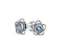 Small Round Bali Style Open Flower Blue Topaz Gemstone Stud Earrings Oxidized Sterling Silver December Birthstone 8MM