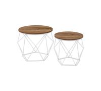 Small Round Coffee Table Set of 2, with Steel Frame, for Living Room, Honey Brown + Cloud White / (50 Dia. x 40H) cm + (40 Dia. x 36H) cm