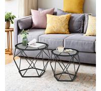 Small Round Coffee Table Set of 2, with Steel Frame, for Living Room, Slate Grey + Ink Black