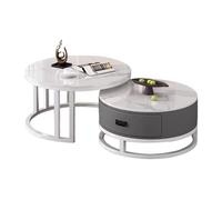 Small Round Coffee Table Sets - Modern Tea Table with Large-Capacity Drawers and Retractable Design for The Living Room White + Gray 50+70