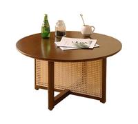 Small Round Coffee Table - Walnut Wood Accent Table with Cross Support Handwoven Rattan Craft for Living Room 31.5x31.5x15.7in Stylish and