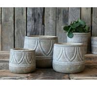 Small Round Evron Plant Pot Cover with Dotted Patterns, Stone Ceramic Pot, Rustic Cement Planter, Natural Beige Bohemian Tribal Pattern Houseplant Pot