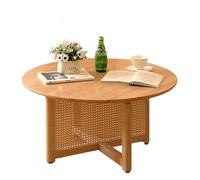 Small Round Rattan Tea Table - Handmade Wooden Coffee Table with Cross Bracket Support for Living Room Natural Finish 31.5in x 31.5in x 15.7in