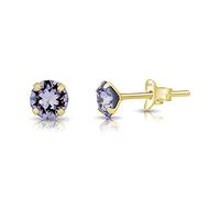 Small Round Solitaire Stud Earrings 925 Sterling Silver Gold Plated 24K - Gold Crystal Studs 4 mm - Minimalist Sparkle Stud Earrings with Lilac Crystal