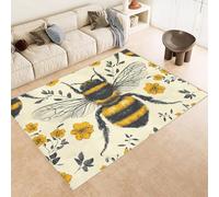 Small Rug 60x90 cm Faux Cashmere Washable Non-Slip Backing Vibrant 3D Bee Flower Yellow Grass Printed Design Easy to Clean with Vacuum or Machine Wash for Compact Spaces Bedside Dorm Rooms Pet Area
