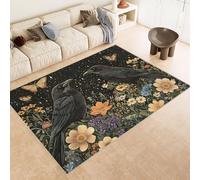 Small Rug 60x90 cm Faux Cashmere Washable Non-Slip Backing Vibrant 3D Raven Black Flower Leaf Printed Design Easy to Clean with Vacuum or Machine Wash for Compact Spaces Bedside Dorm Rooms Pet Area