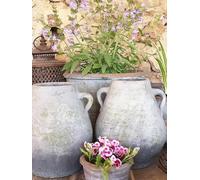 Small Rustic Urn Vase Plant Pot Planter with Handles - Aged Grey Stone Terracotta - Rustic Weathered Vintage Urn Pot