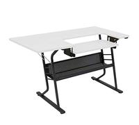 Small Sewing Machine Table with White Top and Black Legs | With Adjustable Platform, Drop Leaf Extension and Storage Shelf. Use as Quilting/Craft Table/Gaming/Computer Desk