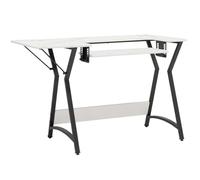 Small Sewing Table with Gridded White Top and Black Hourglass Legs, Sewing Machine Table with Adjustable Platform, Drop Leaf Extension, Multipurpose: Quilting/Craft Table/Gaming/Computer Desk