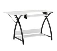 Small Sewing Table with Gridded White Top and Black Legs | Sewing Machine Table with Adjustable Platform, Drop Leaf Extension and Storage Shelf, Use as Quilting Table or Computer Desk