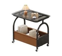 Small Side Table Living Room, Square Coffee Table With Wheels, Carbon Steel Metal Frame Structure, With A Tempered Glass Tabletop, With A Storage Basket At The Bottom, Black, White(A)