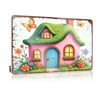 Small Sign A Charming Pink Cottage With A Green Roof Surrounded By Colorful Flowers. Tin Sign Funny Patio Signs Funny Signs For Home Bar(30X40CM)