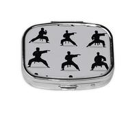 Small Silhouettes of Martial Arts Printed Pill Organizer Daily,Portable Metal Travel Pill Case Box for Purse and Pocket