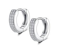 Small Silver Hoop Earrings for Women Men | Sterling Silver Post Double-row Cz Cubic Zirconia Pave Hinged Huggie Hoops Cartilage Helix Earings, Piercings Jewelry (8mm)