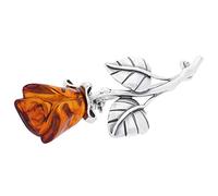 Small Single Rose Oxidised Sterling Silver Brooch Pin/Clip in Orange Amber in Vintage Style for Women Ladies - 925 Sterling Silver - Brooch Jewellery