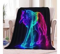 Small Single Throw Blanket (51 × 59 inch), Super Soft & Cosy Fleece in Black - Warm Snuggy Neon Animals Wolf Flannel Blanket for Bed Couch and Travel