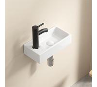 Small Sink Wall Mount, 14"x7" Wall Hang Bathroom Sinks Rectangular, Floating Tiny Modern Rectangle White Ceramic Vanity Vessel Sink, Save Space, Left Hand