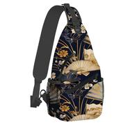 Small Sling Bakpack for Women Men Ethnic Fan Japanese Flower Crossbody Bag Lightweight Casual Fanny Pack Anti Thief Chest Daypack for Outdoors Sports Hiking Travel with Adjustable Shoulder Strap