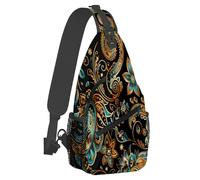 Small Sling Bakpack for Women Men Ethnic Paisley Peacock Retro Crossbody Bag Lightweight Casual Fanny Pack Anti Thief Chest Daypack for Outdoors Sports Hiking Travel with Adjustable Shoulder Strap