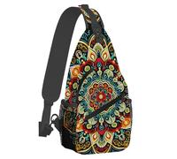 Small Sling Bakpack for Women Men Mandala Red Flower Ethnic Crossbody Bag Lightweight Casual Fanny Pack Anti Thief Chest Daypack for Outdoors Sports Hiking Travel with Adjustable Shoulder Strap