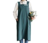 Small snail Apron Cotton Linen Solid Color Japanese Style Cross Bandage Halter Pinafore with Pocket Literature Art Flower Shop Clothing for Women Men Cooking Kitchen Casual Aprons Plus Size Dark Cyan