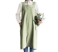 Small snail Apron Cotton Linen Solid Color Japanese Style Cross Bandage Halter Pinafore with Pocket Literature Art Flower Shop Clothing for Women Men Cooking Kitchen Casual Aprons Plus Size Green