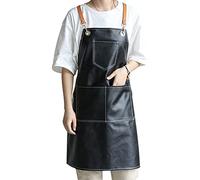 Small snail Retro PU Leather Apron Women Men Pinafore with 5 Pockets Waterproof Cross Back Artist Apron for Pottery Garden Craft Painting Woodworking Hairdressing Cafe