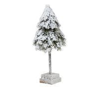 Small Snowy Cedar Tree Sculpture On Wood Base For Winter Decor