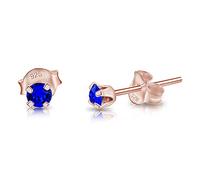 Small Solitaire Stud Earrings 925 Sterling Silver Rose Gold Plated 18K - Tiny Gold Studs 3 mm - Minimalist Sparkle Stud Earrings with Royal Blue Crystal
