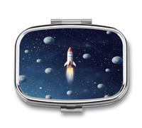 Small Space Rocket Pill Organizer with Two Compartments, Metal Pill Case, Medicine Organizer, Medicine Holder, Pill Container