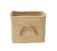 Small Square basket in Raffia with Leather hands Natural one size