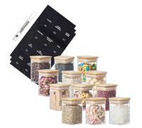 Small Square Glass Storage Jars with Airtight Bamboo Lids | Kitchen Organization Containers | Spice Jars with Preprinted Labels & White Marker - Pantry Storage for Herbs & Spices (12, Clear, 200ml)