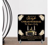 Small Square Plaque for Families - Thoughtful Gift for Umrah Celebrations Housewarmings - Spiritual Islamic Keepsake with Kaaba and Arabic Art (Black, Acrylic - Indoor & Outdoor use)