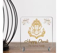 Small Square Plaque for Hindu Families - Personalised Gift for Diwali Birthdays - Desk Decor with Ganesh Lotus Tealight Freestanding Sign (Gold & Brown Ganesh, Acrylic - Indoor & Outdoor use)