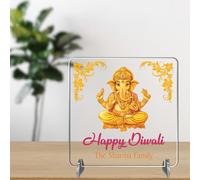 Small Square Plaque for Hindu Families - Personalised Gift for Diwali Birthdays - Desk Decor with Ganesh Lotus Tealight Freestanding Sign (Gold Ganesh, Acrylic - Indoor & Outdoor use)