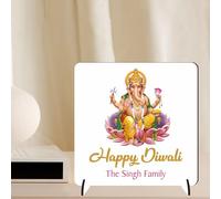 Small Square Plaque for Hindu Families - Personalised Gift for Diwali Birthdays - Desk Decor with Ganesh Lotus Tealight Freestanding Sign (Colourful Ganesh, MDF Wood - Indoor use only)