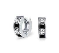 Small Square Princess Cut Black White CZ Channel Set Huggie Hoop Earrings For Women Men Cubic Zirconia .925 Sterling Silver