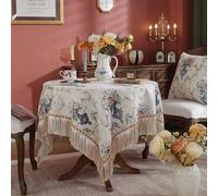 Small Square Table Cloth Vintage Floral Tablecloth with Tassels Heavy Duty Tablecloth for Round Table Soft Chenille Fabric Dust Cover for Kitchen Party Birthday Home Decor, Beige 110x110cm