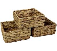 Small Square Water Hyacinth Storage Basket - Natural Wicker Shelf Organiser for Bathroom, Makeup & Jewellery (Medium 18cm, 3 x Basket)