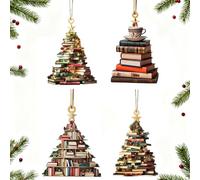 Small Stacked Books Christmas Ornament for Book Lovers Mini 2D Xmas Tree Charms Hanging Decoration Set for Santa Craft Present Window Wall Garden House Wreath Party Bag - 4 Pcs