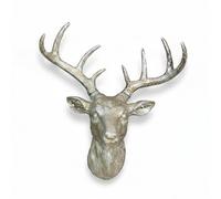 Small Stag Head Wall Mount Sculpture, Large Antler Deer Hanging Animal Head Ornament Figure Art Décor Resin Distressed Finish, Wildlife Indoor Outdoor Decorative Accessories (Silver Stag Head)
