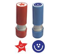 Small Star (Red) and Smiley Face (Blue) Stampers - 8mm Image. Ideal for Teacher or Loyalty Stamps. 2 x Self-Inking Stamp Set