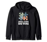 Small Steps Big Wins Retro Autism Awareness Puzzle Support Zip Hoodie