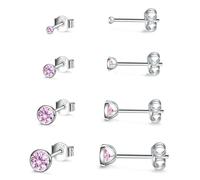 Small Stud Earrings for Women Men Girls- 4 Pairs of Tiny Round Pink Cubic Zirconia Sterling Silver Post Earrings CZ Small Cartilage Tragus Earrings(2/3/4/5mm)