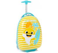 Baby Shark Kids Suitcase | Yellow and Blue Small Cabin Bag For Boys & Girls | Carry On Trolley with Extendable Handle | Singing Shark Hard Cover Holiday Case | Fun Travel Merchandise Gift for Children