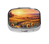 Small Sunflowers Sunset Sunlight Landscape Printed Pill Organizer Daily,Portable Metal Travel Pill Case Box for Purse and Pocket
