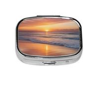 Small Sunset Beach Printed Pill Organizer Daily,Portable Metal Travel Pill Case Box for Purse and Pocket