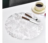 Small Table Mat, Dining Placemats Set of 2 15x15 Inch Narcissus Flowers Leaves Pattern PVC Silver
