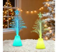 Small Tabletop Christmas Trees Mini Fiber Christmas Tree 2Pcs, Colour Changing Mini Xmas Tree Light Up Miniature Tree Battery Operated for Home Study Bedroom Office Desk Windows Headboard Decor
